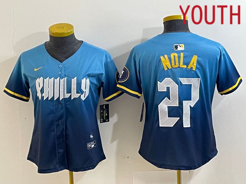 Youth Philadelphia Phillies #27 Nola Blue City Edition Nike 2024 MLB Jersey style 1->youth mlb jersey->Youth Jersey